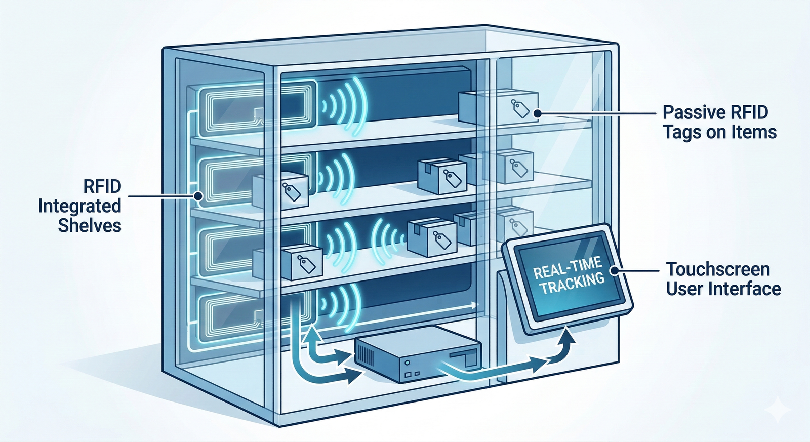 RFID-integrated shelves with passive tags on boxes. Touchscreen interface shows "Real-Time Tracking". Blue waves indicate activity.