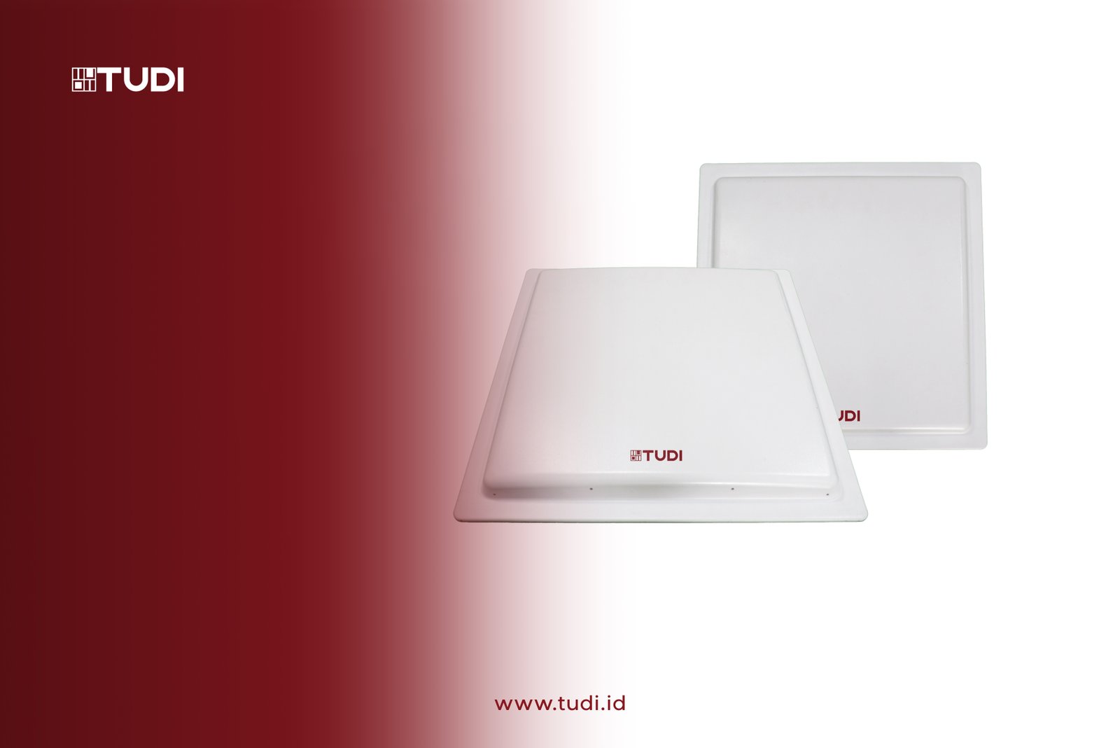 Two white square RFID Antenna from TUDI with TUDI logo on a red-to-white gradient background. Text at bottom: www.tudi.id.