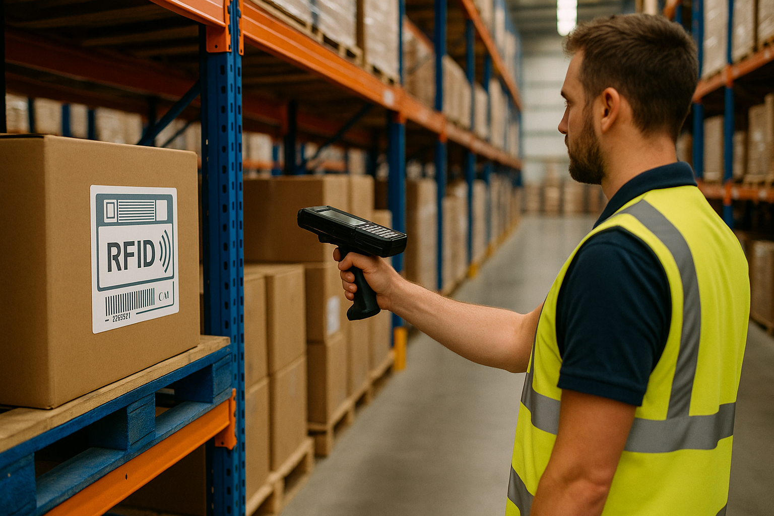 Worker in a yellow vest scans an RFID-tagged box in a warehouse. Shelves filled with boxes in the background create an organized setting.