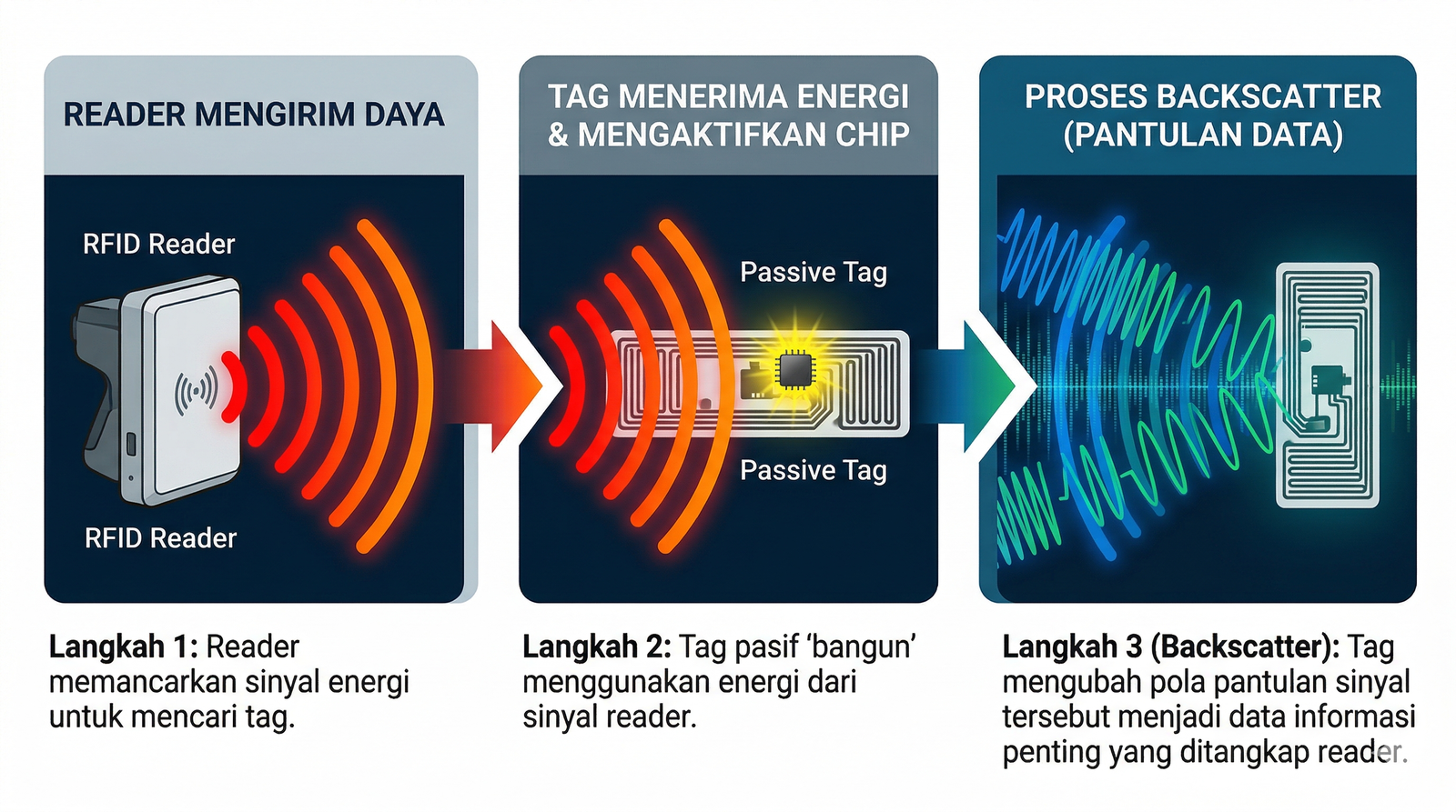 Infographic showing RFID process: Reader sends energy, passive tag activates with signal, tag backscatters data. Text in Indonesian.