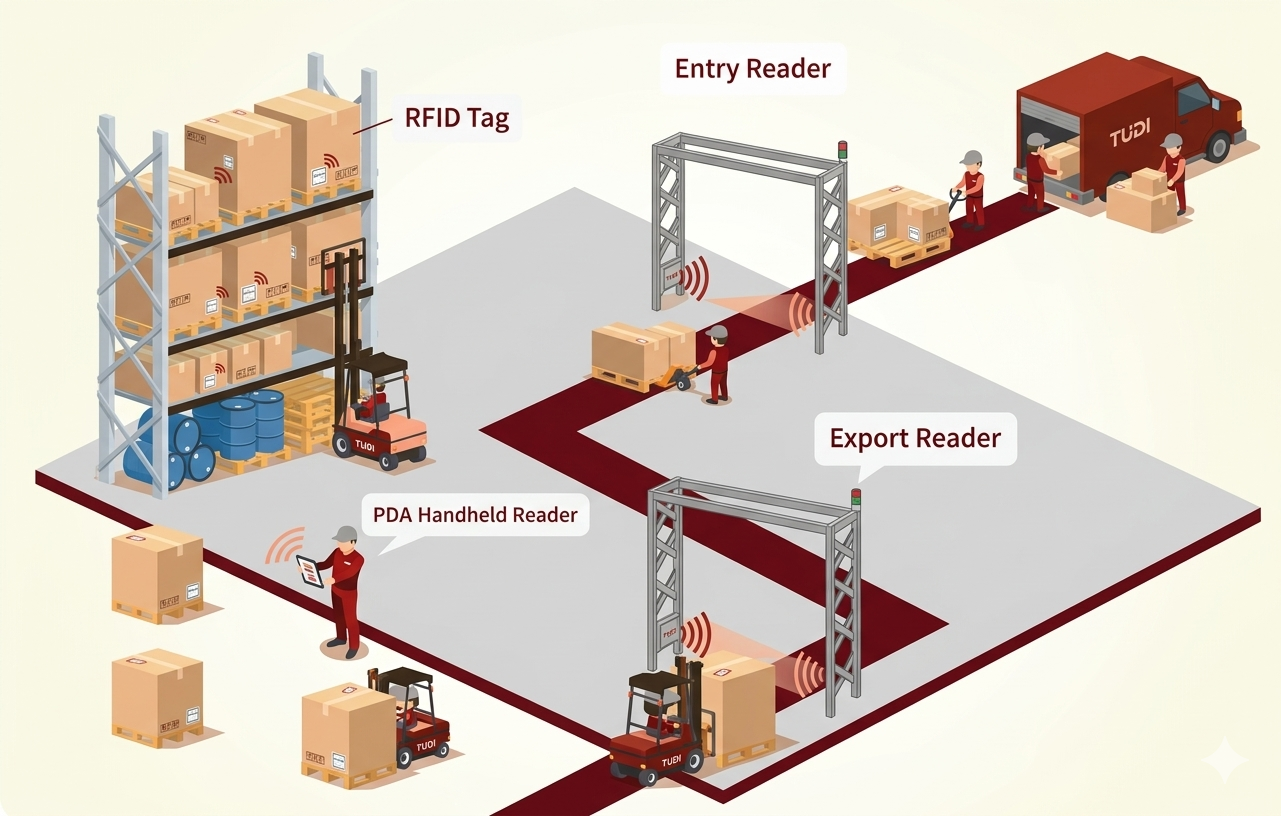 Ilustrasi gudang dengan truk, forklift, dan pekerja membaca tag RFID di barang. Pembaca RFID di pintu masuk dan ekspor.