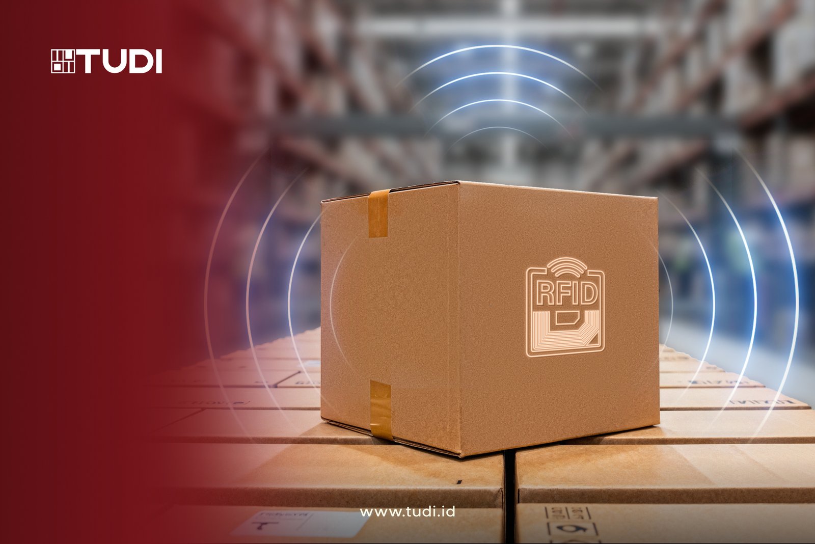 Box with RFID logo on stacked boxes in a warehouse. Blue signal lines radiate outward. Red and white TUDI branding and URL visible.