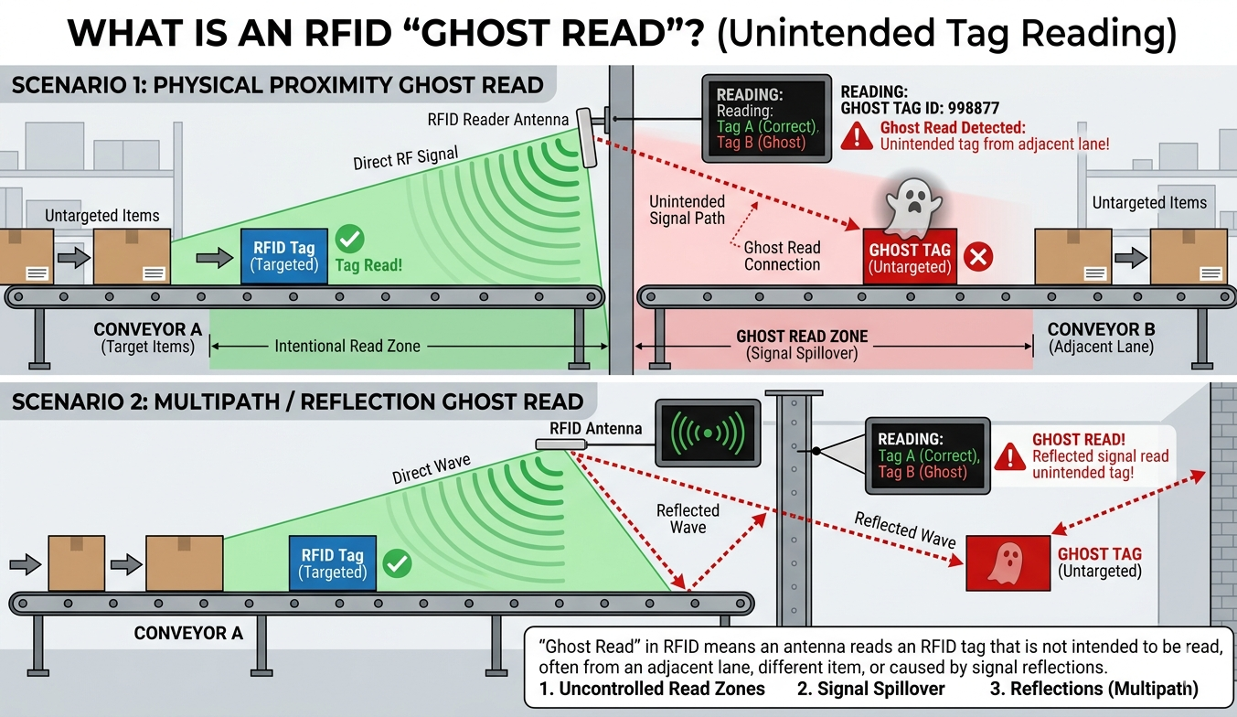 Infografik RFID ghost read: conveyor A/B, antena RFID membaca tag target dan tag hantu akibat sinyal bocor dan pantulan.