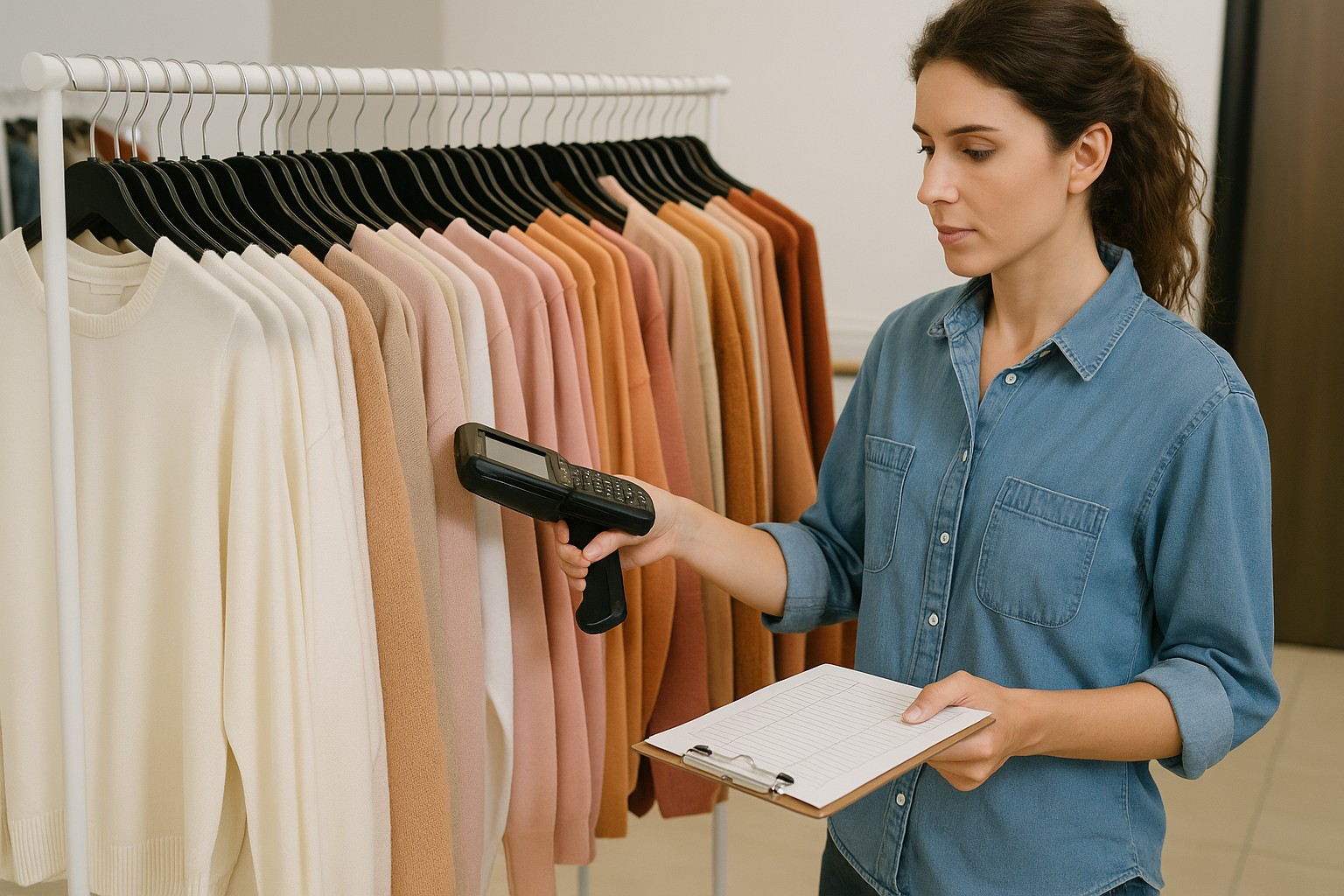 Staf toko melakukan stock opname terhadap stok baju yang ter-display