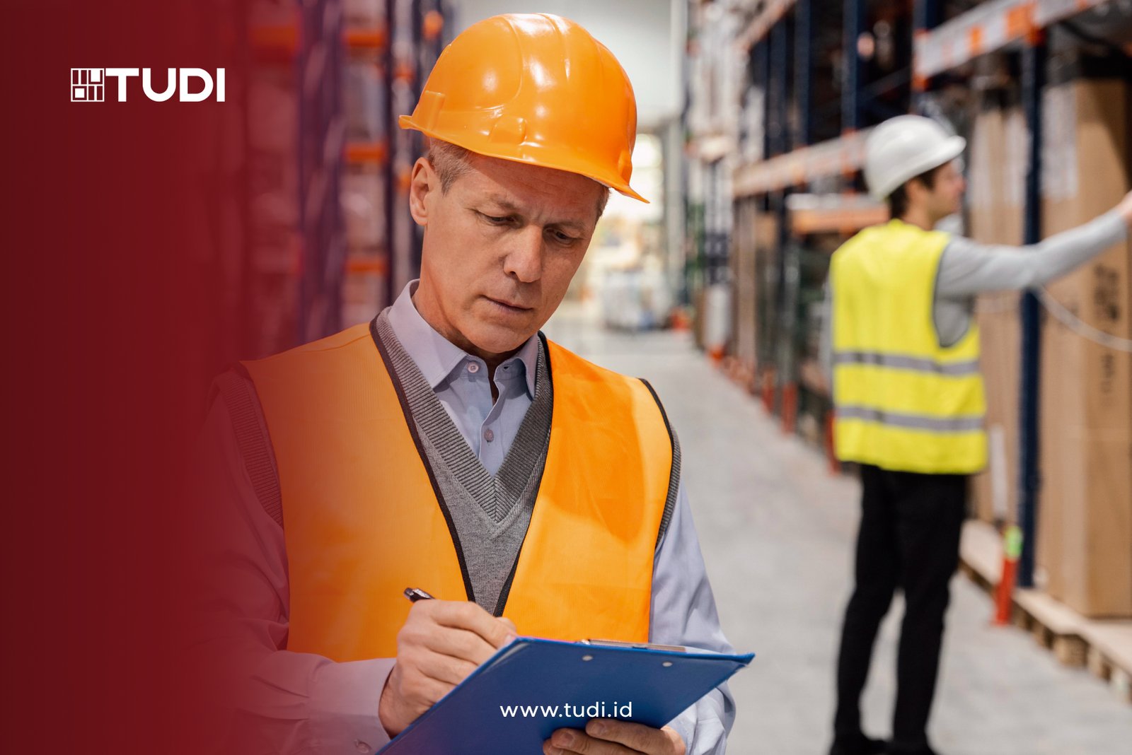 Worker in orange vest and helmet writes on clipboard in a warehouse, another worker with hard hat in the background. Red TUDI logo.