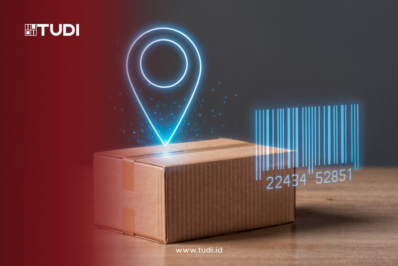 Cardboard box on wood surface with glowing blue location pin and barcode. Red gradient left side, TUDI logo and "www.tudi.id" visible.