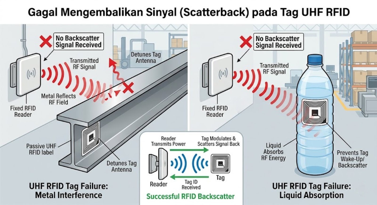 Diagram showing UHF RFID tag failures: metal reflects RF signals; liquid absorbs RF energy. Labels indicate interference.