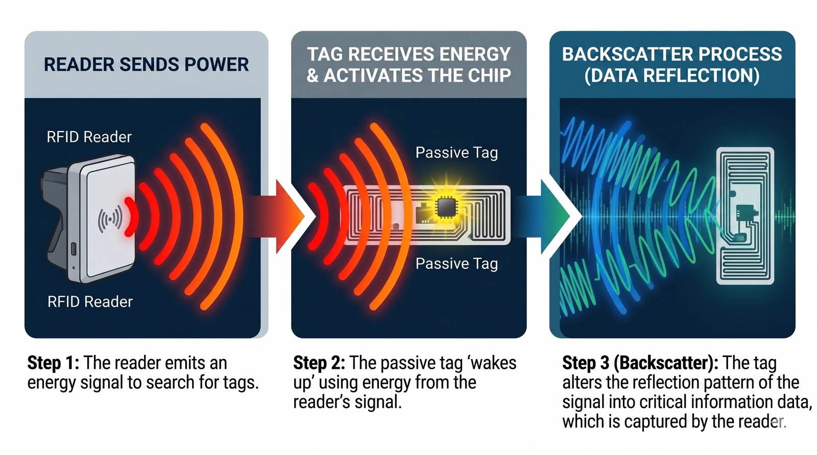 RFID process diagram: RFID reader sends red signal to passive tag, tag activates, then reflects blue signal back. Text describes steps.
