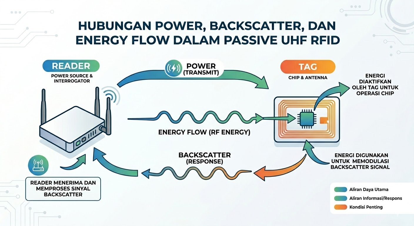 Diagram showing power flow in passive UHF RFID. Reader transmits RF energy to a tag with a chip and antenna, enabling backscatter response.