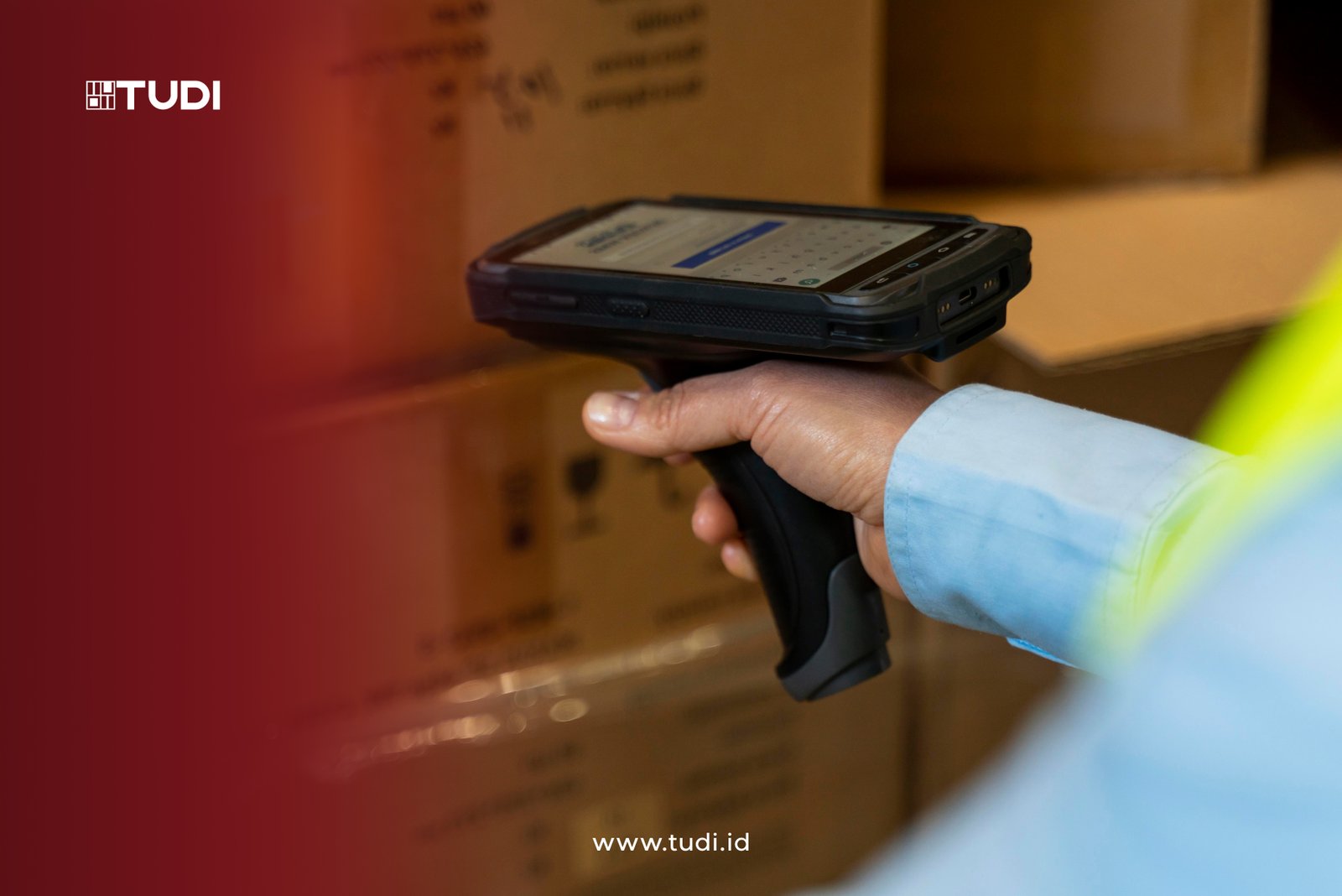 An illustration or drawing of a hand with a handheld RFID reader conducting a stock take