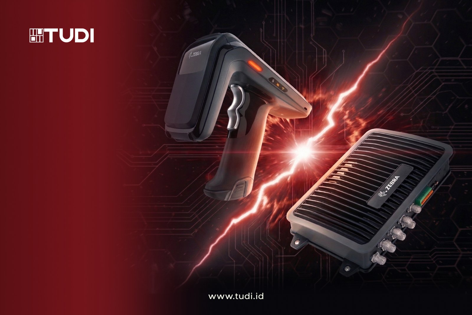 Handheld scanner and device against a circuit background with red and white sparks. Logos: TUDI and ZEBRA. Website: www.tudi.id.