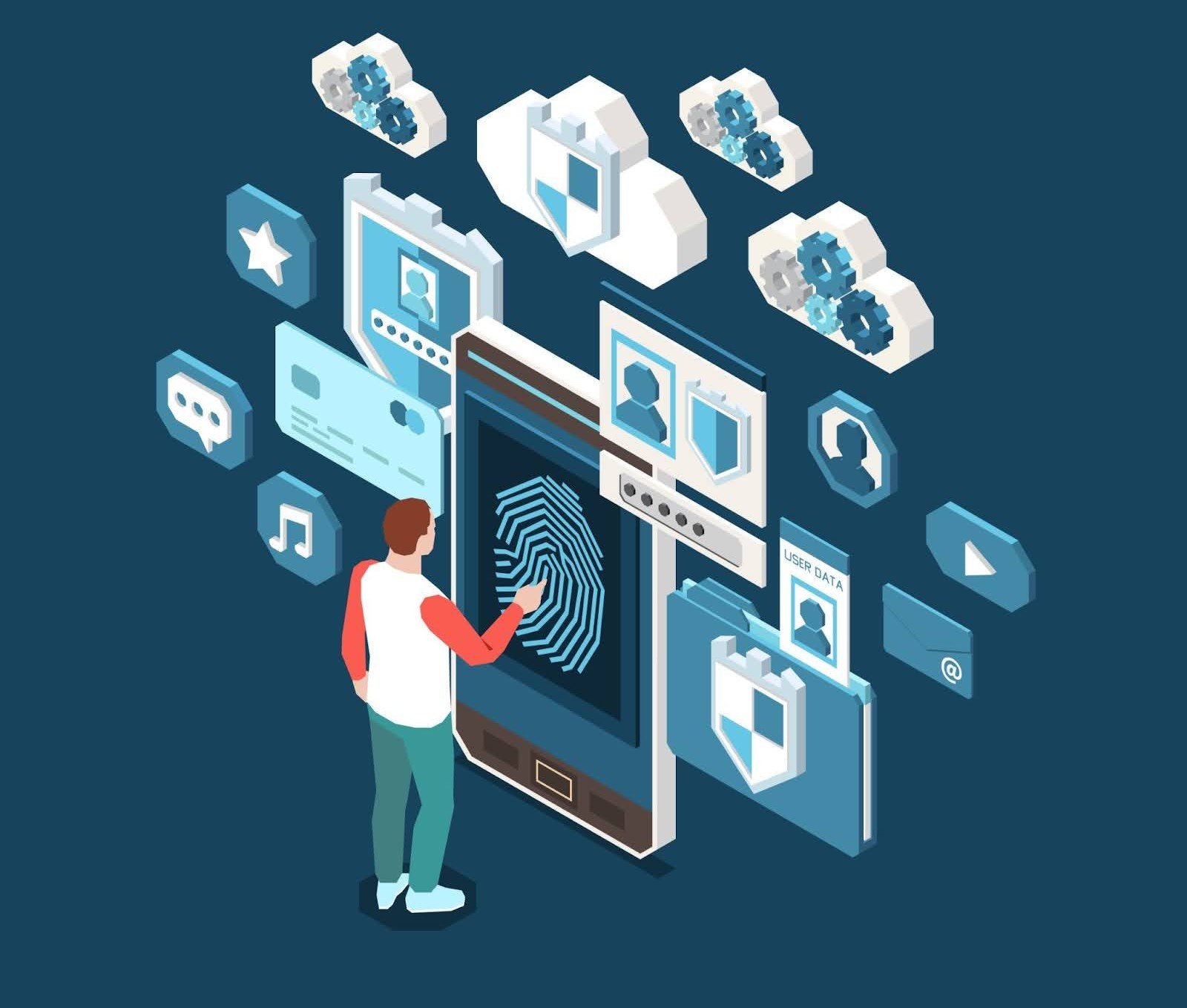 Person interacts with large smartphone screen showing fingerprint amidst floating files, gears, and icons, symbolizing digital security.